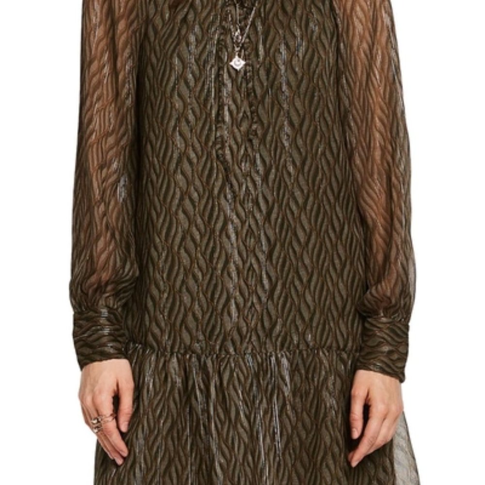 NWT Scotch & Soda Print Metallic Ruffle Hem Dress in Green XS
